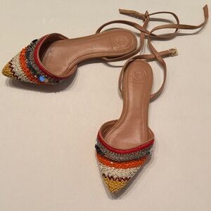 TORY BURCH Miller Colorful Orange Beaded Sequin Stripe Sandals womens size 9